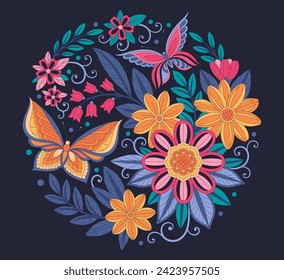Concepto de composición de flores de mariposa. Plantas de floración y floración con insectos con alas coloridas. Afiche o cartel para el sitio web. Dibujo vectorial plano de dibujos animados aislado en fondo azul