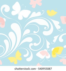 Butterfly and flowers. Floral seamless background. Delicate blue pattern for wrapping, paper, fabric, wallpaper.