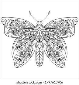 butterfly with flowers in folk style drawn on a white background for coloring, vector