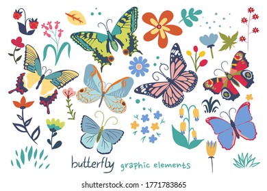 Butterfly and flowers graphic elements isolated on white background. Vector graphics
