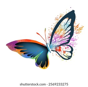 Butterfly with flowers . Hand drawing Line art. Not AI. Vector illustration.