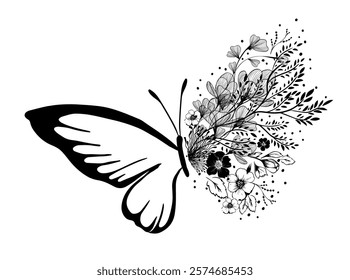 Butterfly with flowers . Hand drawing Line art. Not AI. Vector illustration.