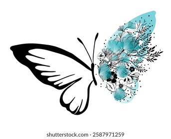 Butterfly with flowers . Hand drawing Line art. Not AI. Vector illustration.