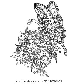 Butterfly and flowers hand drawn for adult coloring book