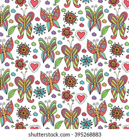 Butterfly  flowers and hearts colorful vector hand drawn pattern