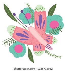 butterfly with flowers leaf nature vector illustration isolated style