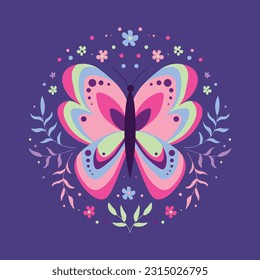 Butterfly with flowers and leaves in circle Spring floral circle design with flowers and butterfly