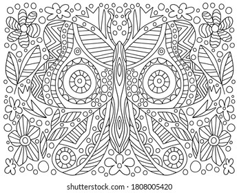 Butterfly, flowers and leaves vector coloring page. Beautiful bug and floral elements isolated on white. Springtime or summer detailed butterfly in a flower meadow horizontal printable worksheet