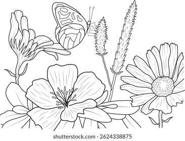 Butterfly and Flowers Line Art Illustration, Black and white outline illustration of a butterfly landing on a flower, surrounded by various other flowers and plants. Ideal for coloring books,