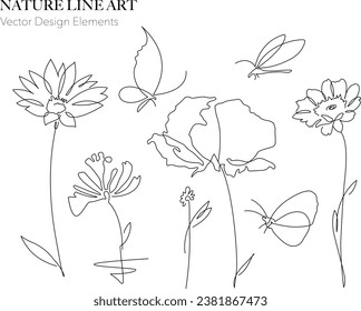 Butterfly and Flowers Line Art Minimalist Collection. Thin line Nature design set. Vector illustration