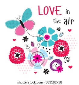 butterfly with flowers, love in the air, love card vector illustration