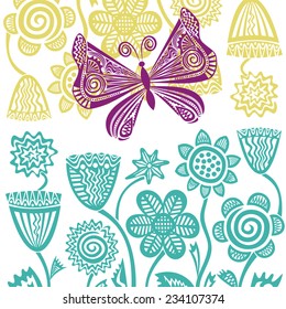 Butterfly and flowers nature pattern card vector illustration