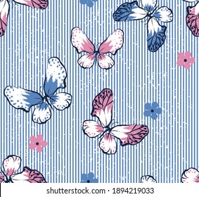 Butterfly and flowers on blue stripes seamless pattern. Vector illustration.