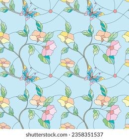 Butterfly and flowers on branch stained glass style pattern.