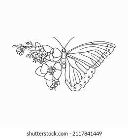 Butterfly with flowers outline character. Cute vector graphic illustration perfect for coloring book, tattoo, embroidery, print, poster