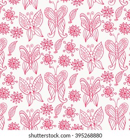 Butterfly and flowers pink vector hand drawn pattern