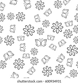 Butterfly and flowers seamless hand-drawing pattern.