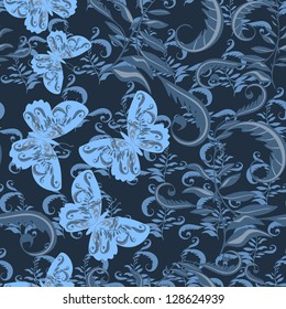 Butterfly with flowers - seamless pattern