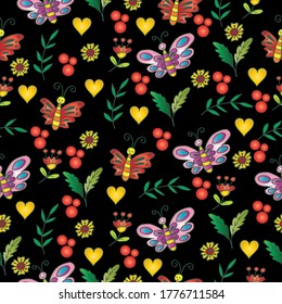 Butterfly and flowers seamless pattern.