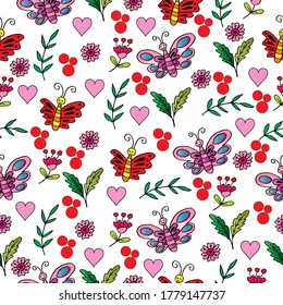 Butterfly and flowers seamless pattern.