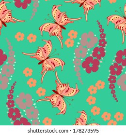 Butterfly with flowers - seamless pattern