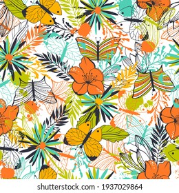 Butterfly and flowers seamless pattern.