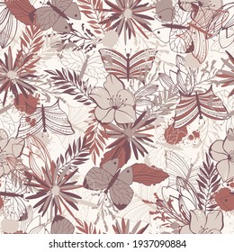 Butterfly and flowers seamless pattern.