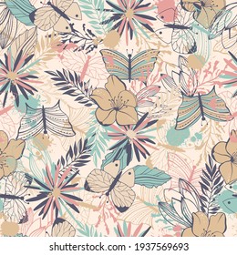 Butterfly and flowers seamless pattern.