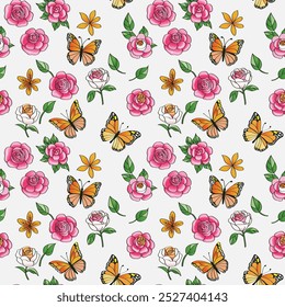 
Butterfly and flowers. seamless pattern for decorating all fashion designs, fabrics, wallpapers and prints. on a light background