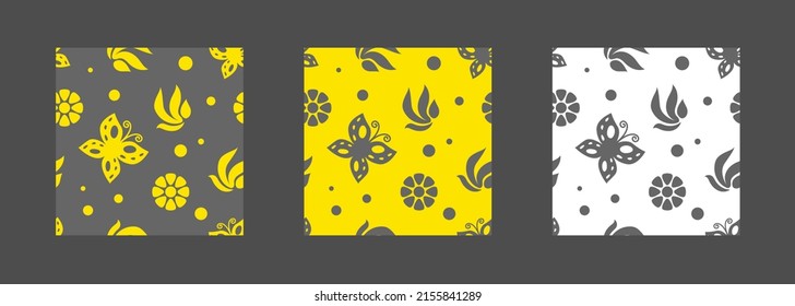 Butterfly and flowers seamless pattern. Gray and yellow seamless spring background. Vector clipart.