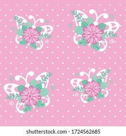 Flores de mariposa patrón sin fisuras en el diseño gráfico de ilustración vectorial de fondo con puntos rosados para niñas