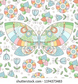 Butterfly and flowers seamless pattern. Rainbow colored floral print with swirls and dots.