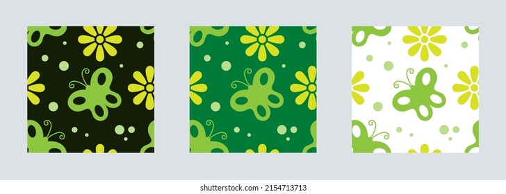 Butterfly and flowers seamless pattern. Seamless spring background in different colors. Vector clipart.