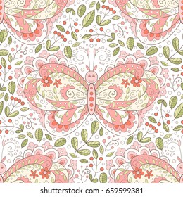 Butterfly and flowers seamless pattern. Vector vintage colorful print.