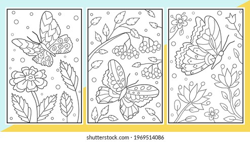 Butterfly and flowers. Set of Hand drawn coloring for kids. Beautiful simple drawings with patterns. Coloring book pictures with animals. Vector