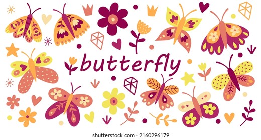
Butterfly, flowers set. Vector illustration. Happy Birthday.