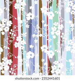 Butterfly and flowers silhouette pattern on vertical colorful watercolor stripes background