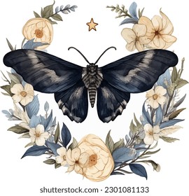 Una mariposa con flores y una estrella sobre ella.