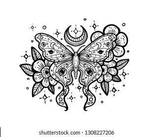 butterfly with flowers and stars, tattoo print on t-shirt