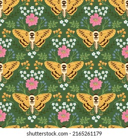 Butterfly and flowers summer vector seamless pattern. Damask floral texture in retro style. Hand drawn cute design for fabric or wallpaper.
