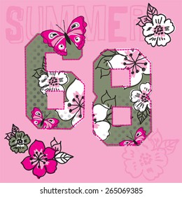 butterfly with flowers, T-shirt design with number 68 vector illustration