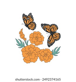 Mariposa y flores Vector Clip-arte aislado en blanco. 