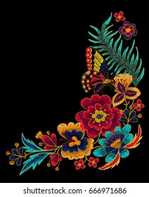 Butterfly with flowers vector embroidery.
