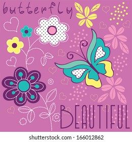 butterfly and flowers vector illustration