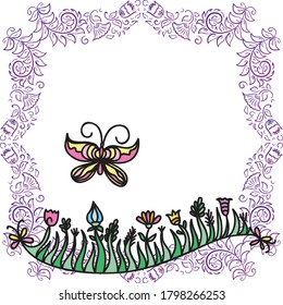 Mariposa y flores. Ilustración del vector
