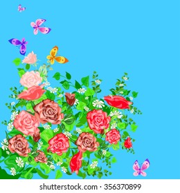 Butterfly and flowers Vector illustration.