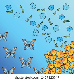 Butterfly and flowers vector illustration drawing isolated on square gradient blue background. Simple flat colorful cartoon sketch style drawing.