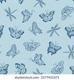 Butterfly and flowers vector line seamless pattern.