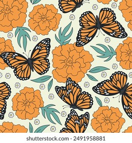 Butterfly and Flowers vector seamless pattern. Mexican Day of the Dead background