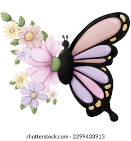 Butterfly with flowers watercolor vector file. cute cartoon vintage style.